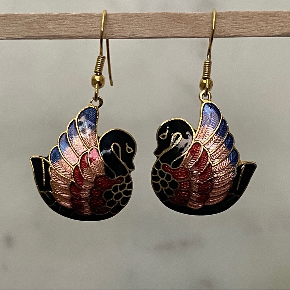 Cloisonné Swan dangle earrings.